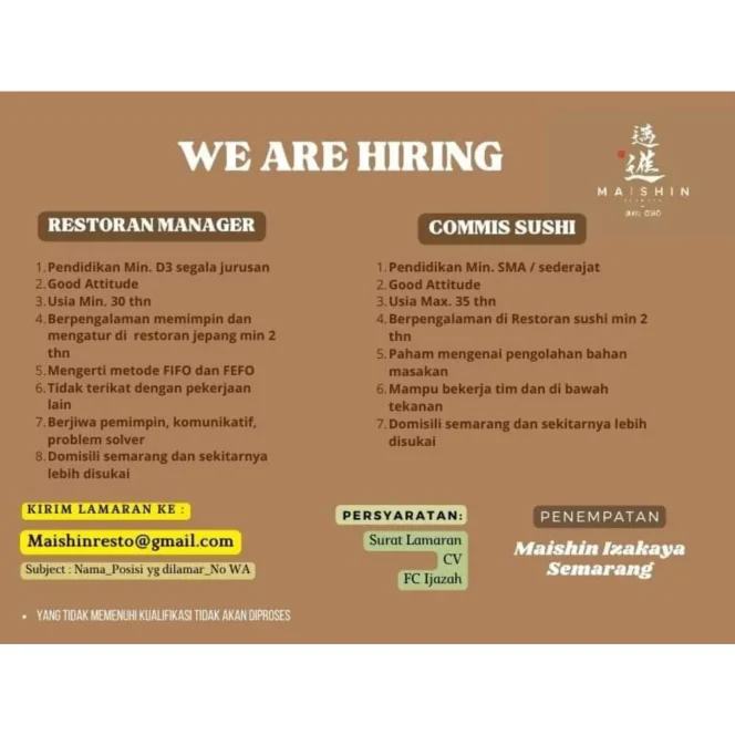 
 Lowongan Kerja Restoran Manager, Maishin Izakaya Semarang