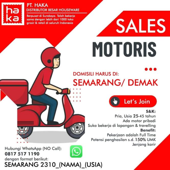 
 Lowongan Kerja PT. HAKA Sales Motoris Daerah Semarang – Demak