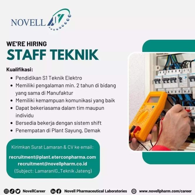 
 Lowongan Kerja Staff Teknik NOVELL PHARMACEUTICAL Semarang