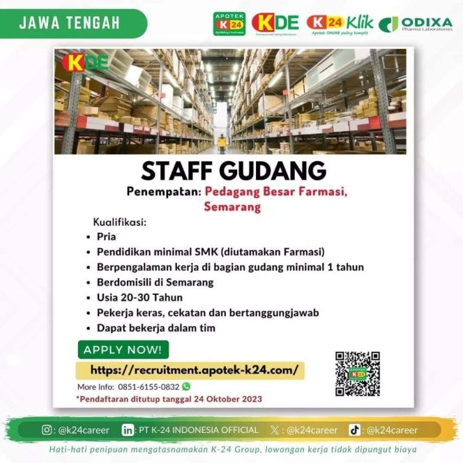 
 Lowongan Kerja Staff Gudang PT. K24 Indonesia