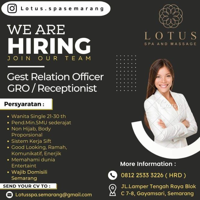 
 Lowongan Kerja GRO Dan Therapist Lotus SPA And Massage Semarang