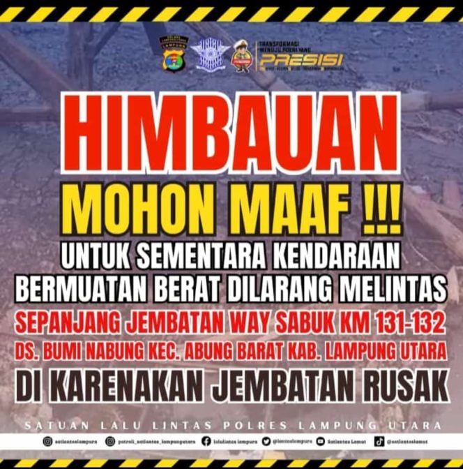 
 Jembatan Way Sabuk Jalinteg Rusak Parah, Ini Himbauan Polres Lampung Utara