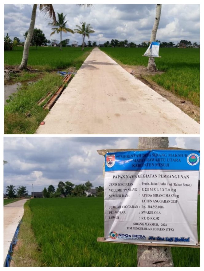 
 Pemerintah Desa Sidang Makmur Membangun Jalan Usaha Tani (JUT) Rabat Beton Tahun 2024