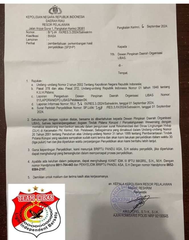 
 DPD Team Libas Kabupaten Pelalawan Apresiasi Kinerja Kapolres Pelalawan Melalui Kasat Reskrim AKP KRIS TOFEL S.Tr,K S,I,K