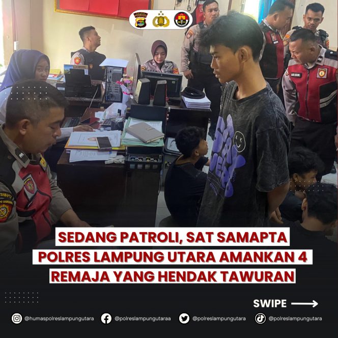 
 Sedang Patroli, Personel Sat Samapta Polres Lampung Utara Aman Empat Remaja Yang Hendak Tauran