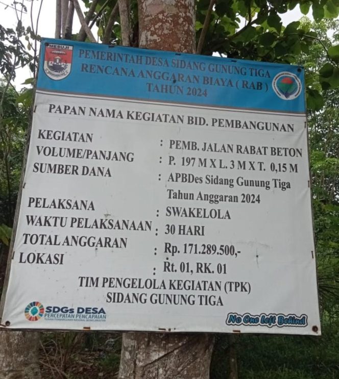
 Pemerintah Desa Sidang Gunung Tiga Realisasikan Pembangunan Infrastruktur Jalan Rabat Beton Tahun Anggaran 2024
